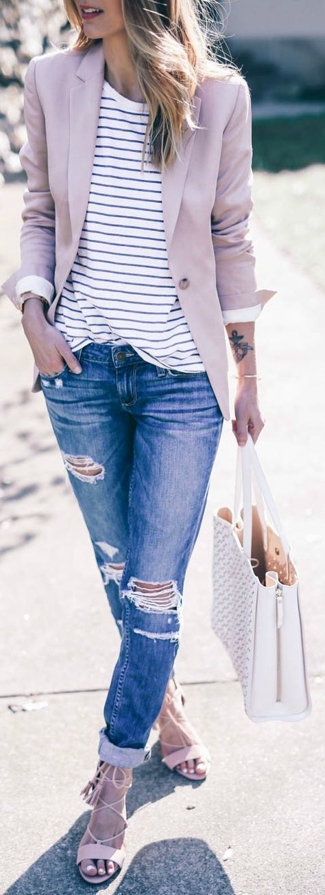 Jess Ann Kirby + classic spring style + distressed denim jeans + striped tee + p…