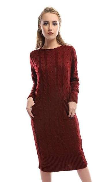 Knitted Burgundy Elegant Dress With Pockets