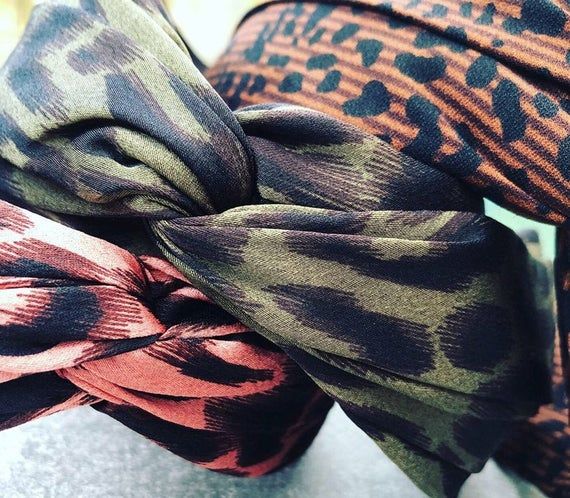 Knot twist front leopard print fashion trend headband bandana, pink, khaki green and brown