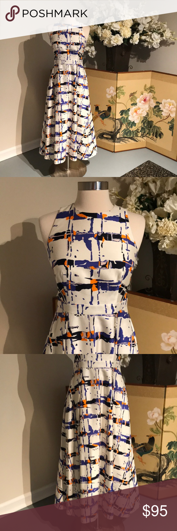 LK Bennett Silk Multi-Color Dress Size 4 LK Bennett Silk Midi white, orange, blu…
