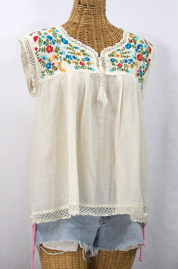 “La Marbrisa” Embroidered Sleeveless Peasant Blouse Top -Off White + Fiesta