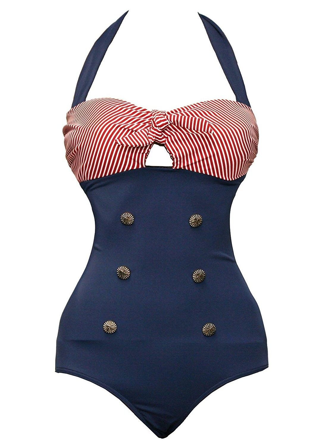 Ladies Retro Vintage Push Up Monokini One Piece Swimsuit Plus Size – Red Blue Co…