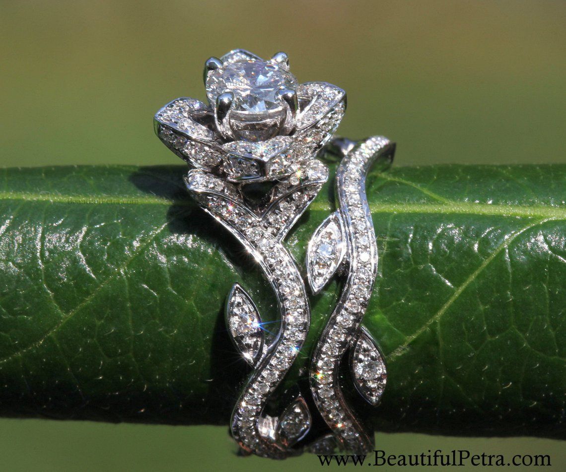 Leaf Eternity WEDDING BAND no Milgrain – Flower – Diamond – Vine – Right Hand Ring – 14K white gold – fL07