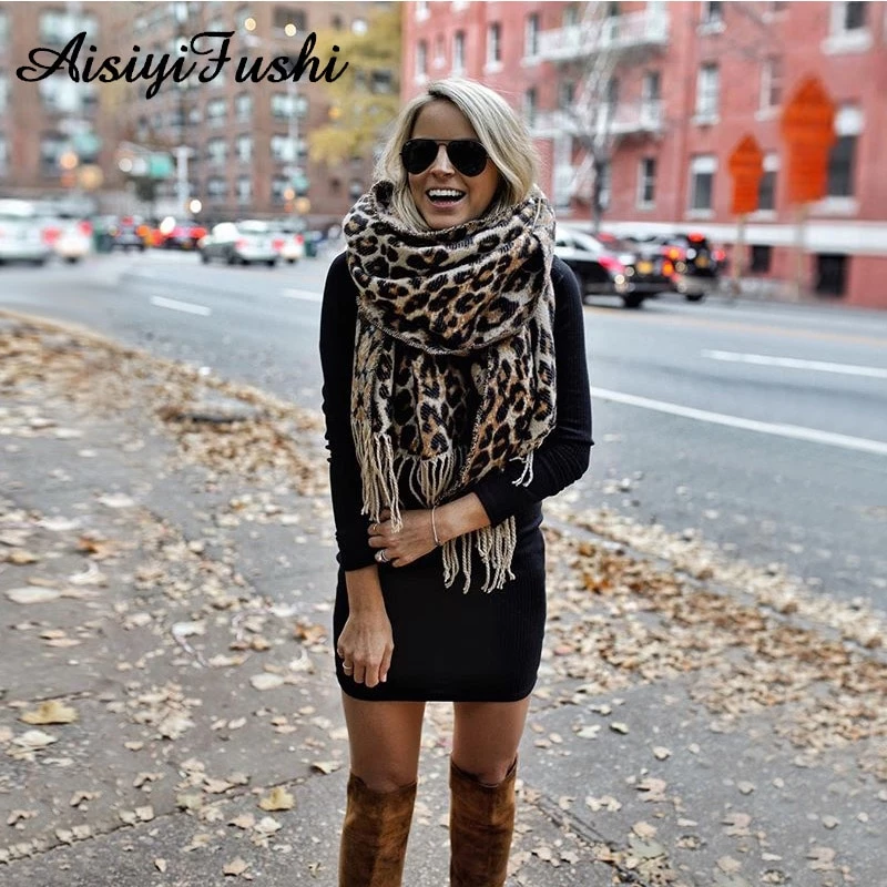 Leopard Pattern Women Winter Blanket Scarf Warm Soft Cashmere Thicken Tassel Poncho Foulard