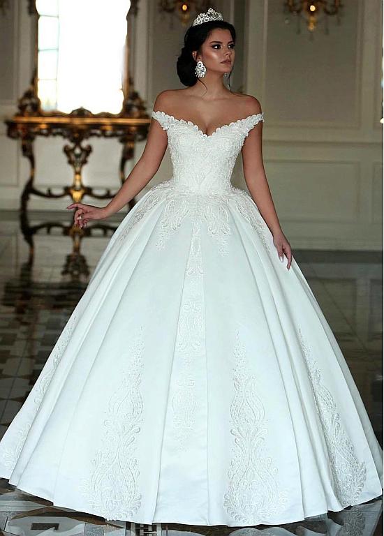 Lilybridalshop Fabulous Satin Off-the-shoulder Neckline Ball Gown Wedding Dresses With Beaded Lace Appliques