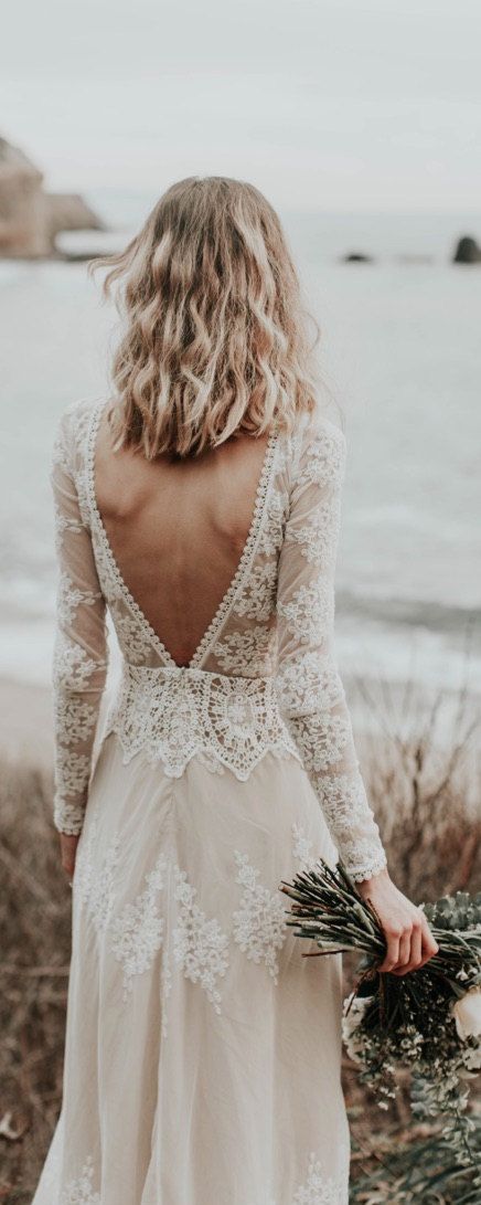 Lisa Lace Bohemian Wedding Dress | Cotton Lace with OPEN BACK and SILK liner | Handmade | Long Sleeve Boho Beach Wedding Dress