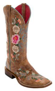 Macie Bean Women’s Antiqued Honey Brown with Rose Garden Embroidery Square Toe Boots
