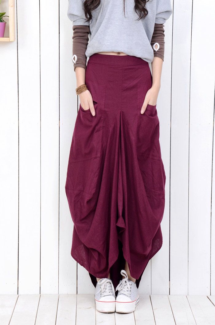 Maxi Linen Skirt – Raspberry Red Casual Modern Contemporary Urban Streetwear Tiered Draped Youthful Teenager Skirt C789