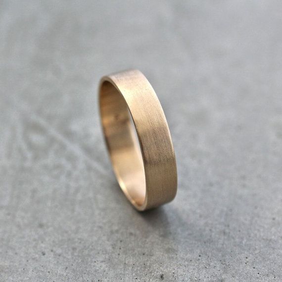 Mens Gold Wedding Band, Unisex 5mm Wide Brushed Flat 10k Recycled Yellow Gold Wedding Ring Simple Textured Mans Minimalist Ethical Band