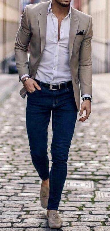 Men’s fall fashion. Blue jeans with white shirt and blazer #suitcombinationsme…