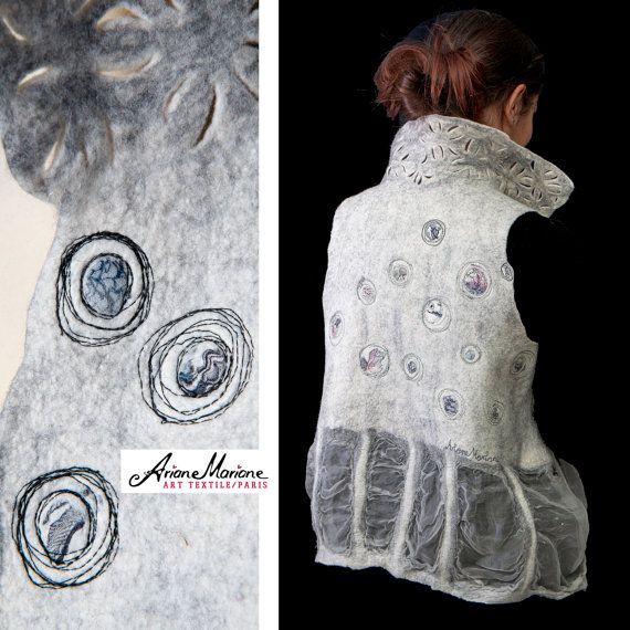 Merino Wool Silk Art Vest, Embroidered Nuno Felt Women Vest, Wearable Art Garments Paris Design, Reversible Original Fiber Art
