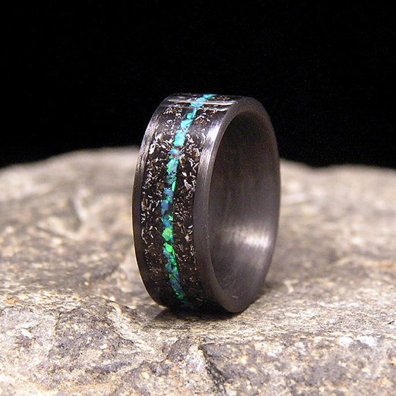 Meteorite Shavings with Centered Blue Green Lab Opal Inlay Carbon Fiber Wedding Band or Unique Gift Ring