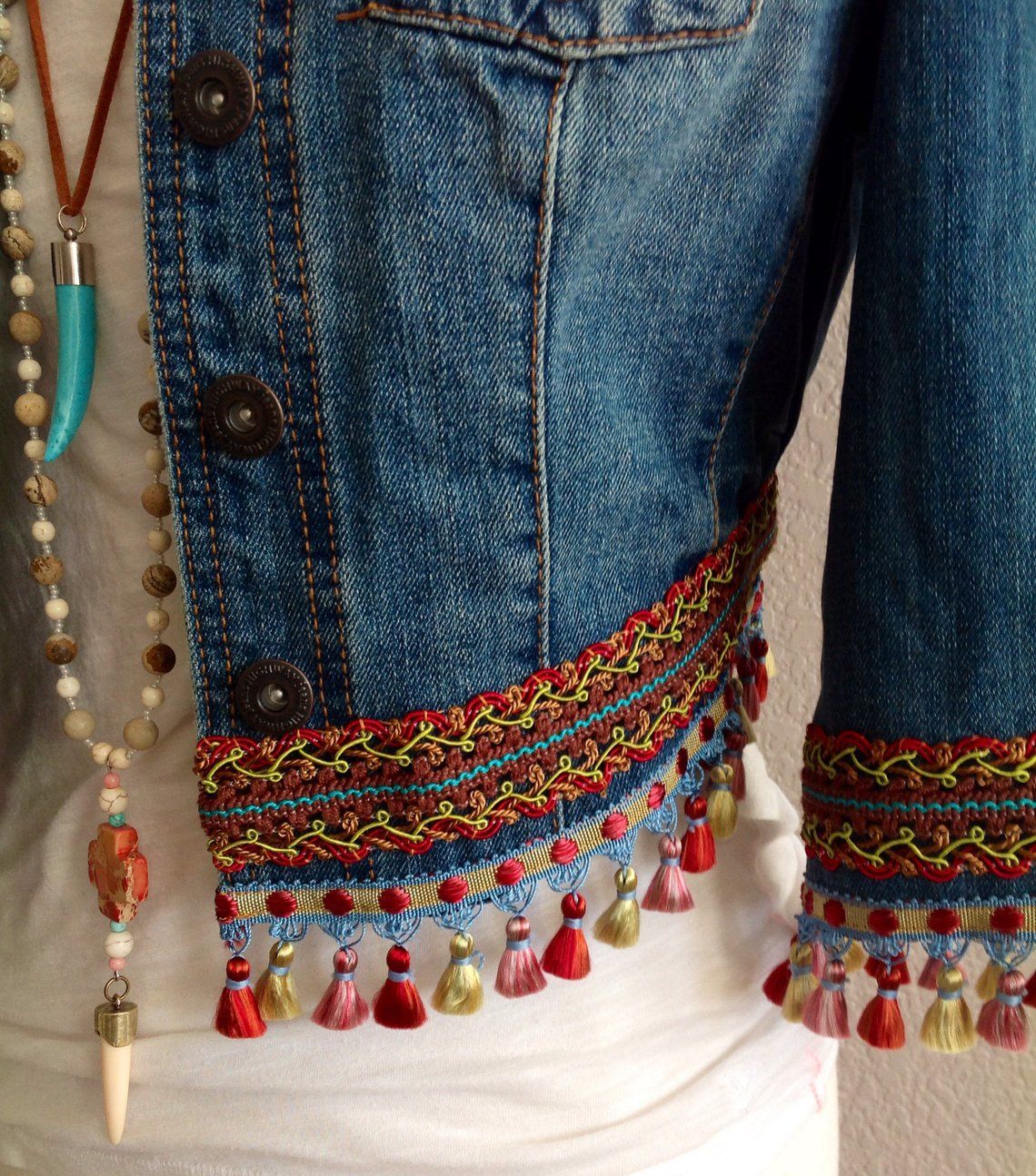 Mini irridescent/multi-colored tassels, embellished, BoHo Chic, Bohemian inspired, one of a kind, upcycled, eco-friendly denim jacket