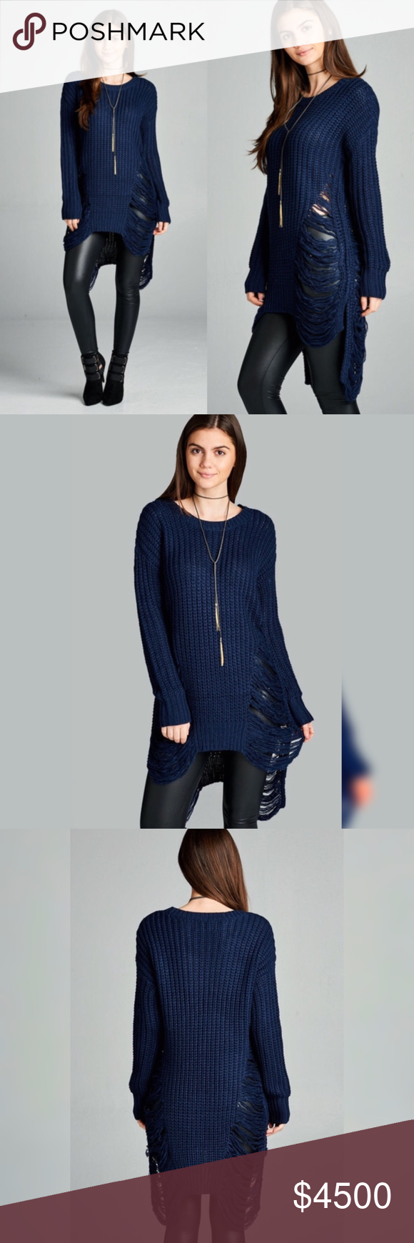 Navy Knit Frayed Long Tunic Sweater Coming ❣️Navy Knit Frayed Long Tunic Swe…