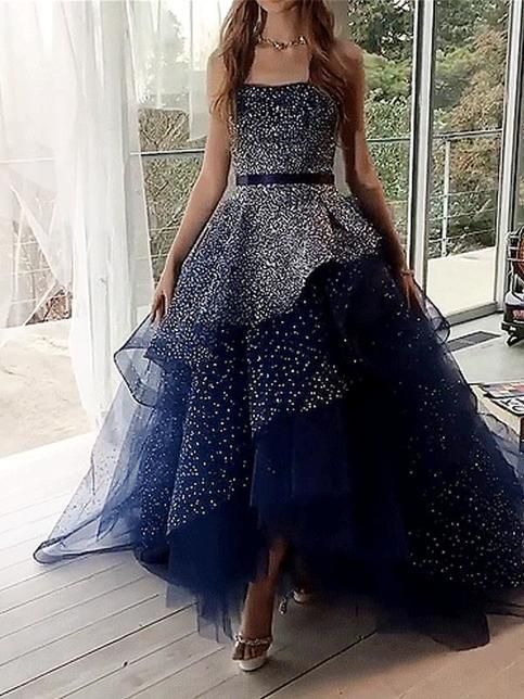 Navy Tulle Silver Beading Sequin Ball Gown Prom Dresses