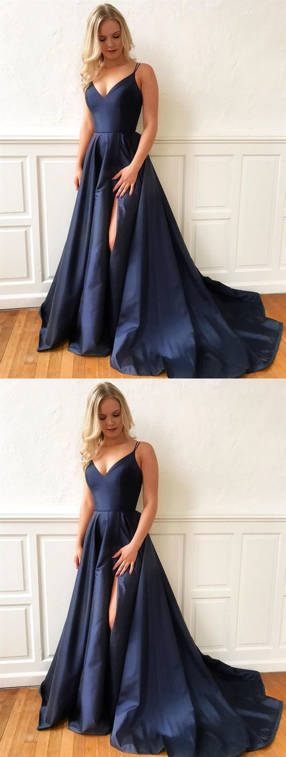 Navy blue prom Dresses A-Line 2019 Prom Dresses Long Prom Dresses ML36