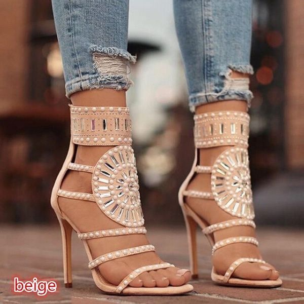 New Arrival Women’s Fashion Spring Summer Casual Shoes Stiletto High Heel Sandals High Quality Ladies Fashion Bohemia Style Sexy Ankle Strap Bandage Hollow Out Shoes Evening Party Wedding Shoes Solid Color Open Toe Sandals