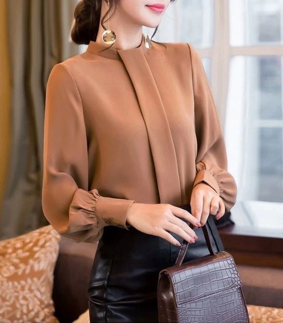 New camel long buttoned sleeve women chiffon blouse top shirt casual office work