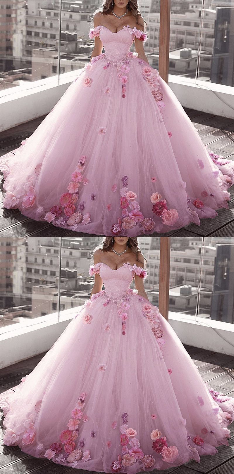 Off Shoulder Tulle Ball Gown Wedding Dresses Floral Flowers Beaded