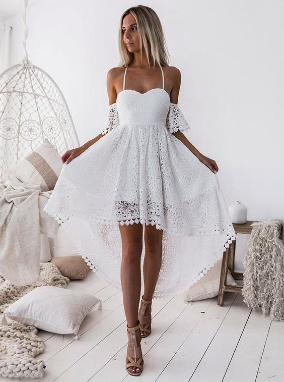 Off-Shoulder White Pleated Hollow Out Lace High Low Homecoming Dress ,Party dresses