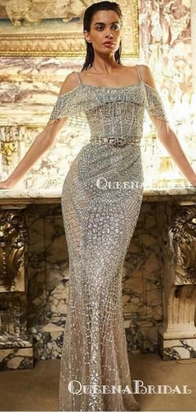 Off-The-Shoulder Spaghetti Strap Sleeveless Sparkly Silver Sequin Mermaid Long Cheap Prom Dresses, P