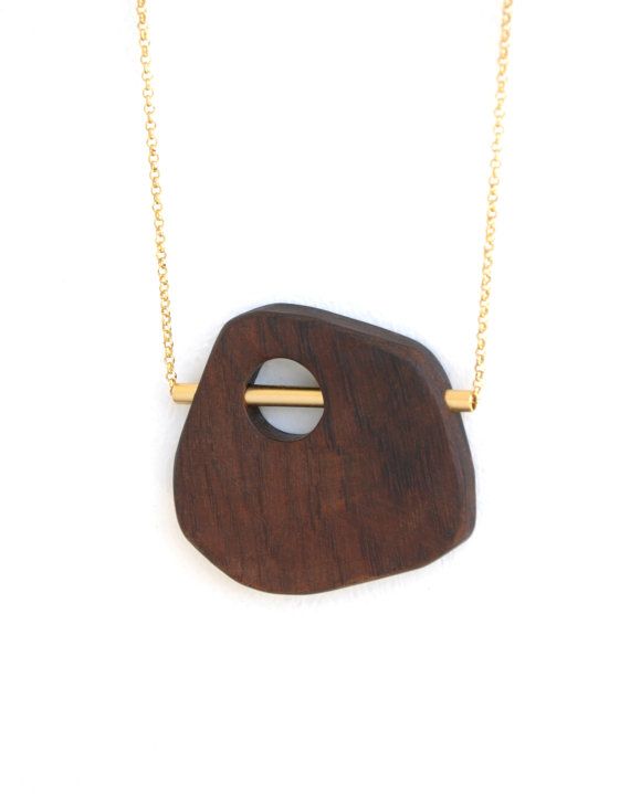 One-of-a-kind wood and gold pendant necklace; Handmade wooden pendant necklace; Wooden pendant necklace