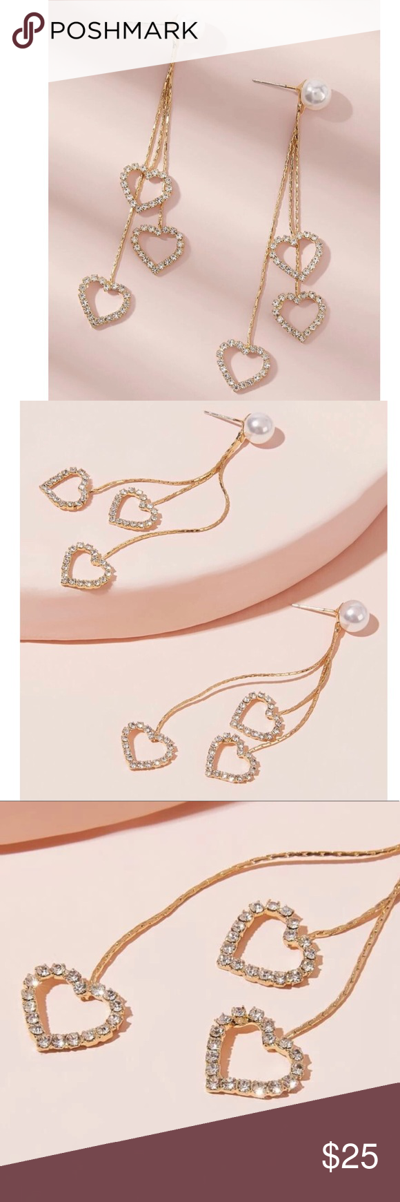 Pearl rhinestone dangle heart earrings Simulated Pearl rhinestone engraved dangl…