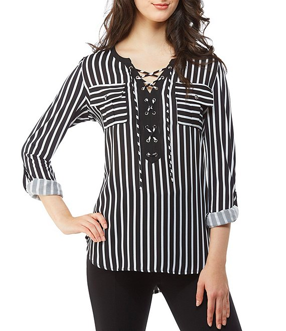 Peter Nygard Striped Lace Up Split V-Neck Roll-Tab Sleeve Blouse