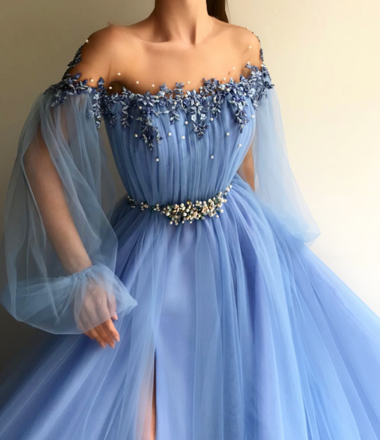 Petite Blue Hot Long 2018 Prom Dress Sexy Slit Evening Dress A-Line Prom Dresses