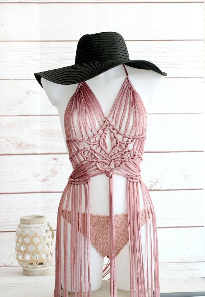 Pink Macrame dress & bikini, Coachella outfit, Coachella clothing woman, festival clothing women, rave outfit, rave clothing women
