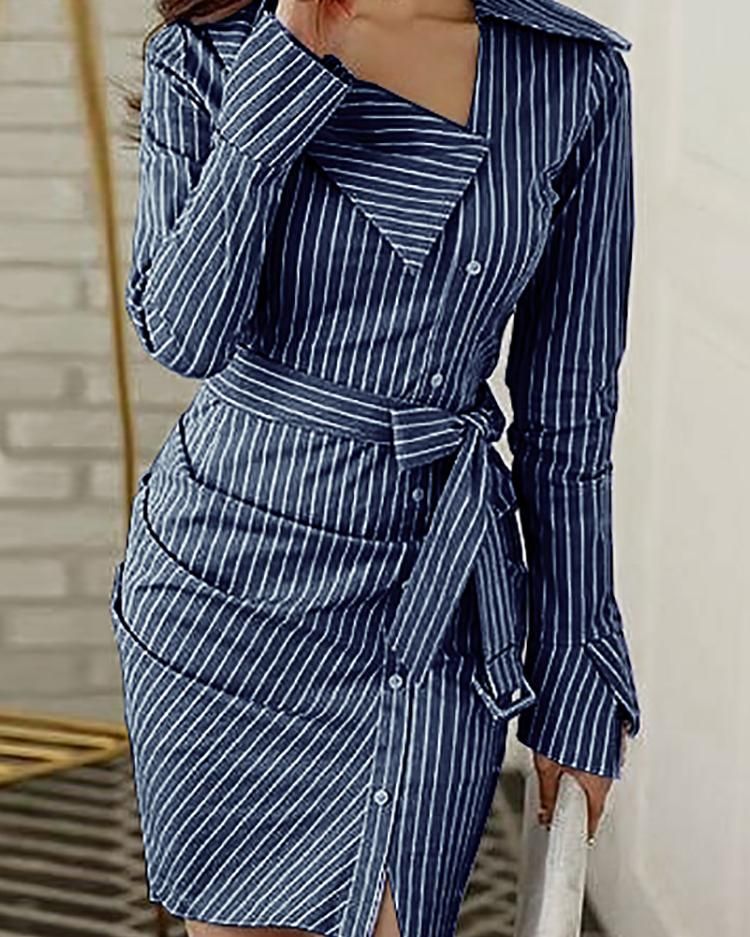 Pinstripes Ruched Irregular Belted Shirt Dress 2019