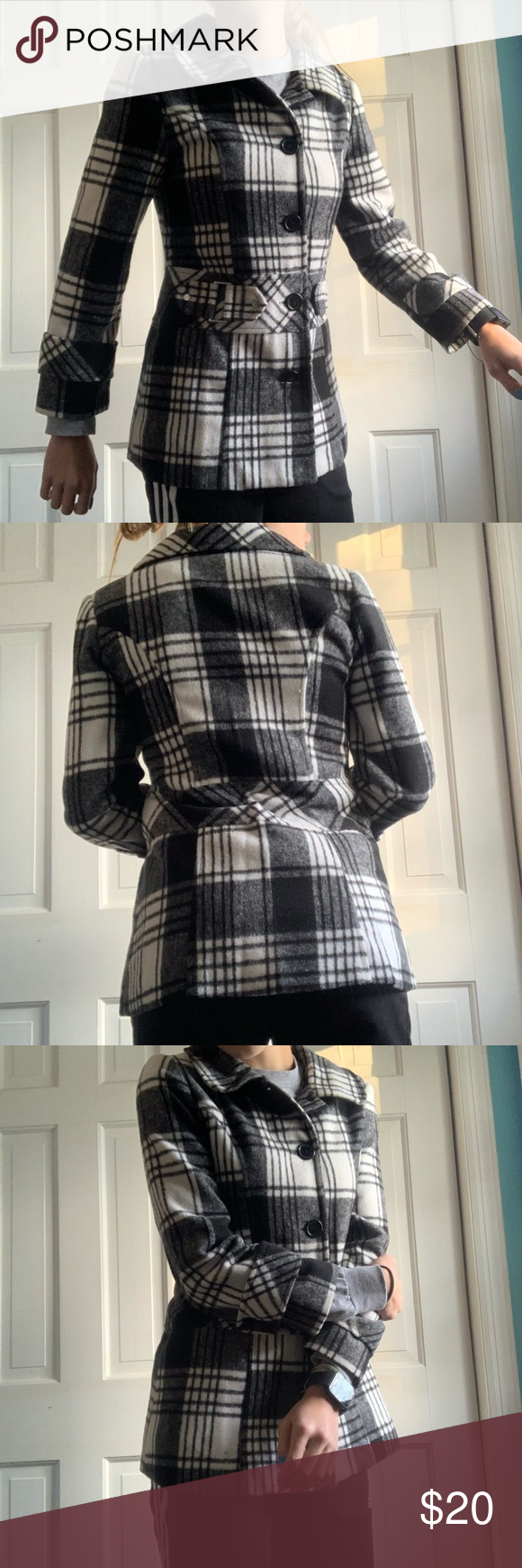 Plaid Black and White Pea Coat A beautiful fitted pea coat PERFECT over formal a…
