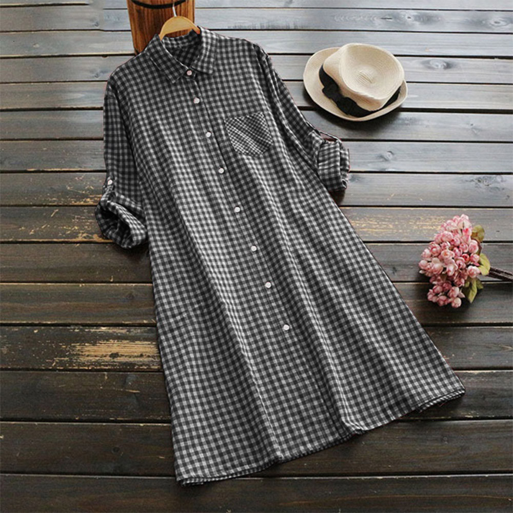 Plaid Button Long Sleeve Pocket Shirt Dress PU27