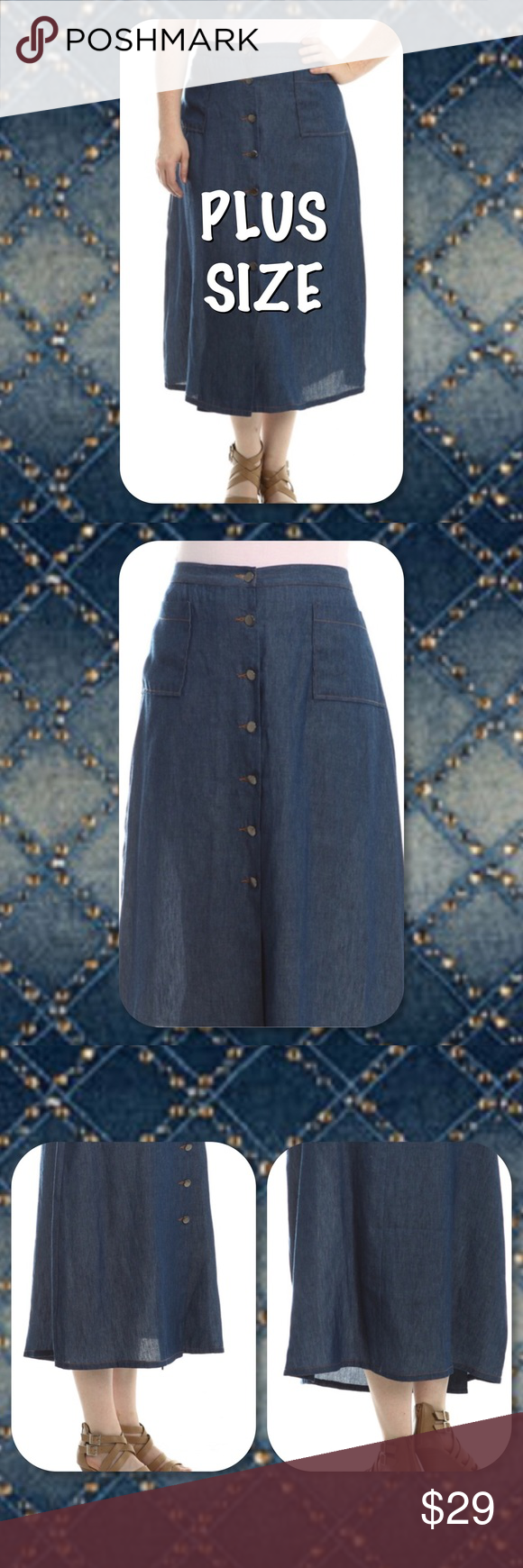 Plus Size Denim Midi Button Down Skirt New Plus Size Medium Denim Midi-Maxi Len…