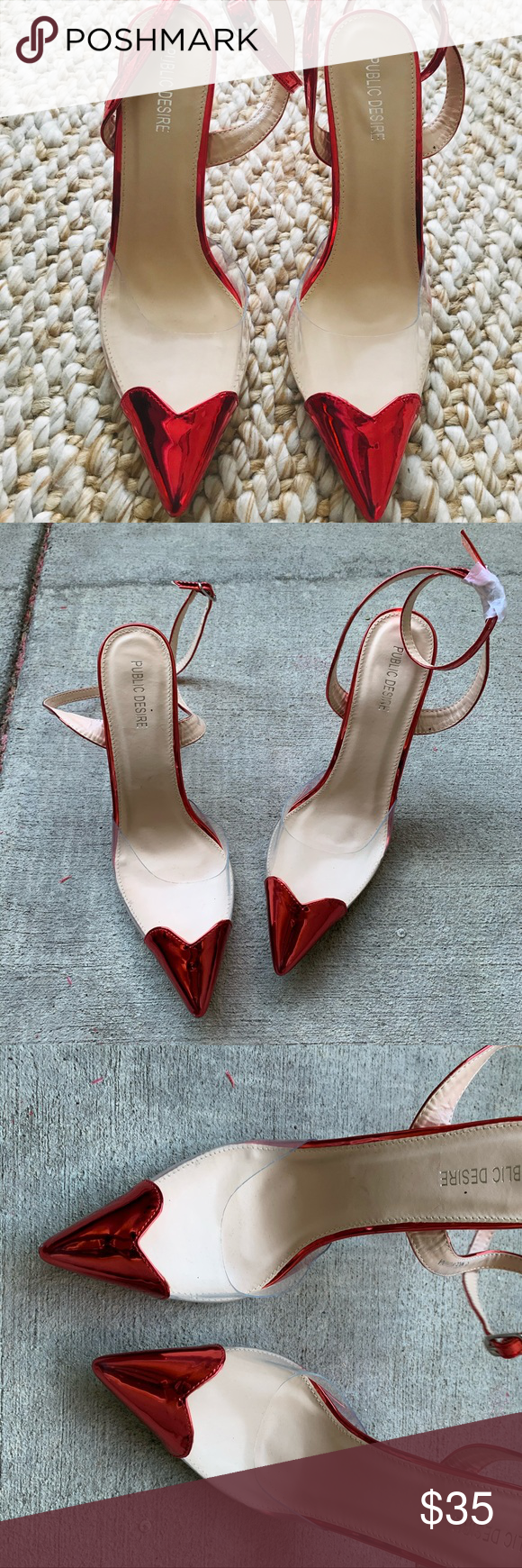 Public Desire Heart Cap Toe Heel Size 10 Perspex court shoes, featuring heart de…