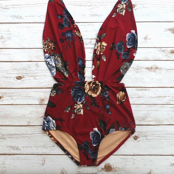 Red Swimsuit High Waisted One Piece Vintage Style Retro Flattering Pin-up Maillot – Burgundy Blue Cream Floral Pretty Bathing Suit Swimwear