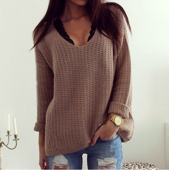 Retro loose V-neck long-sleeved sweater 9101 from clothing