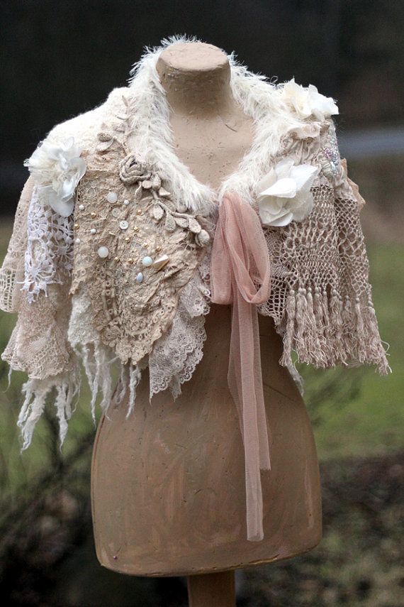 Romance- bohemian shabby chic cape or shrug from antique handmade laces, silk, wool knit