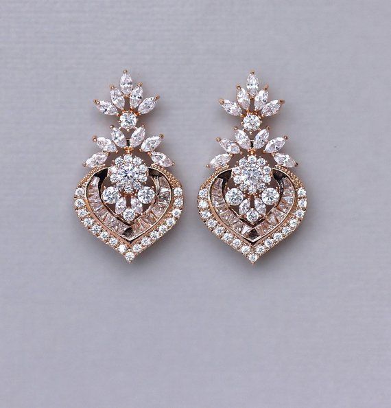 Rose Gold Crystal Bridal Earrings, Marquise CZ Statement Wedding Jewelry Rose Gold, Taylor RGC
