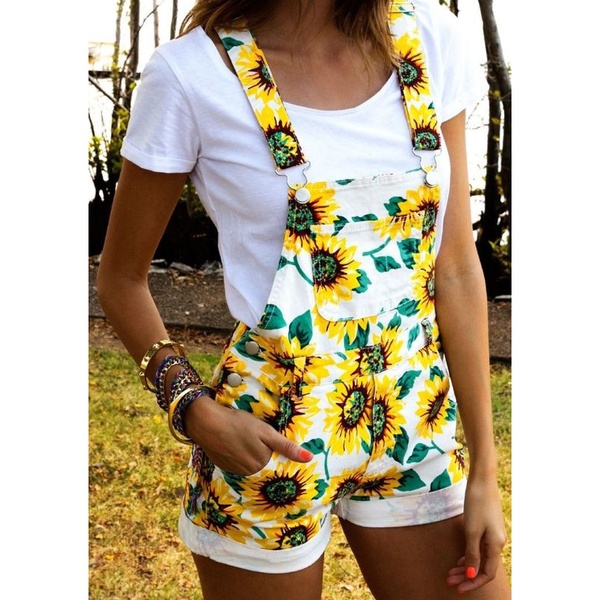 S-XXL New Summer Casual Cute Overalls Sunflower Printed Shorts Jumpsuit Rompers In White and Yellow  | Wish
