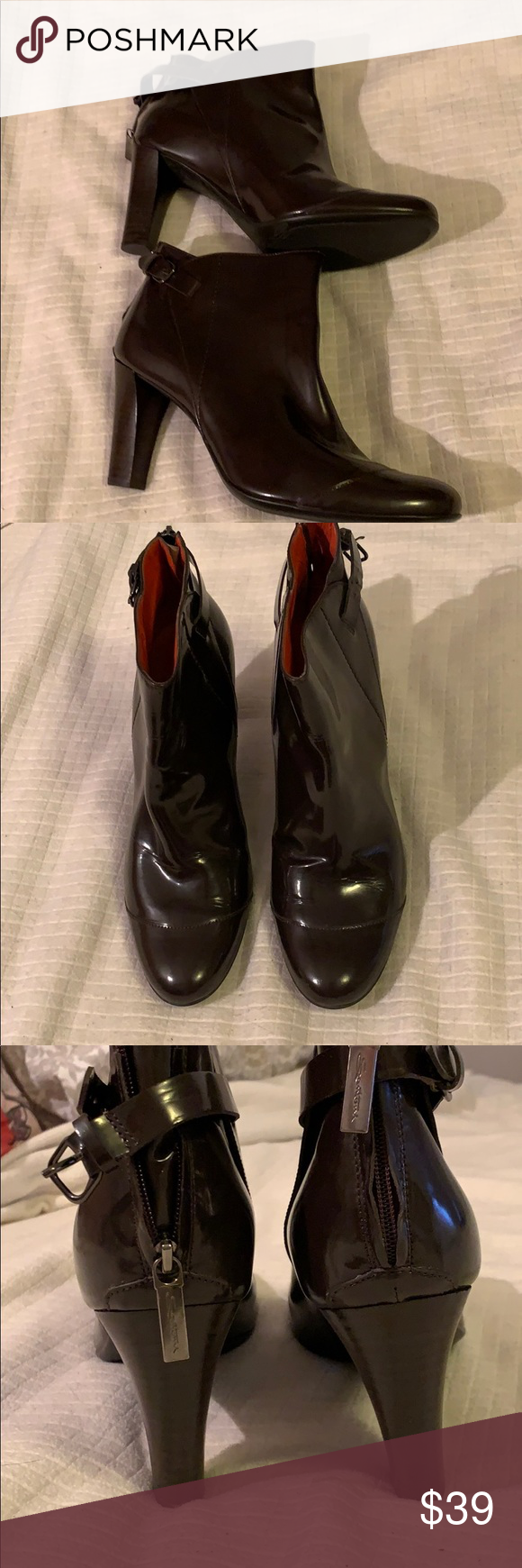 Santoni 9 Brown patent leather 3.5” heel booties Santoni 9 Brown patent leathe…