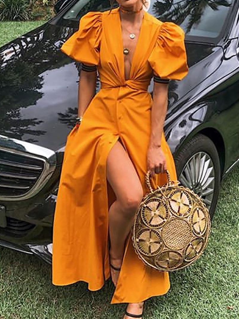 Sexy Deep V Belted Pure Colour Short Sleeve Maxi Dresses