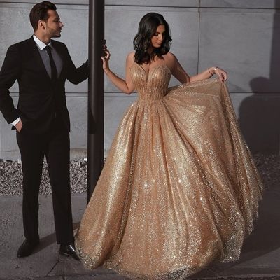 Sexy Gold Sequin Spaghetti Straps Backless Prom Dresses from Yaydressy