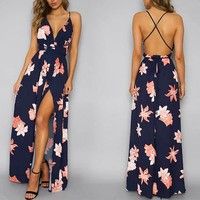 Sexy Women Deep V-neck Backless Chiffon Long Dress Fashion Floral Print Split Cross Lace Up Maxi Dress Summer Sleeveless Beach Dress