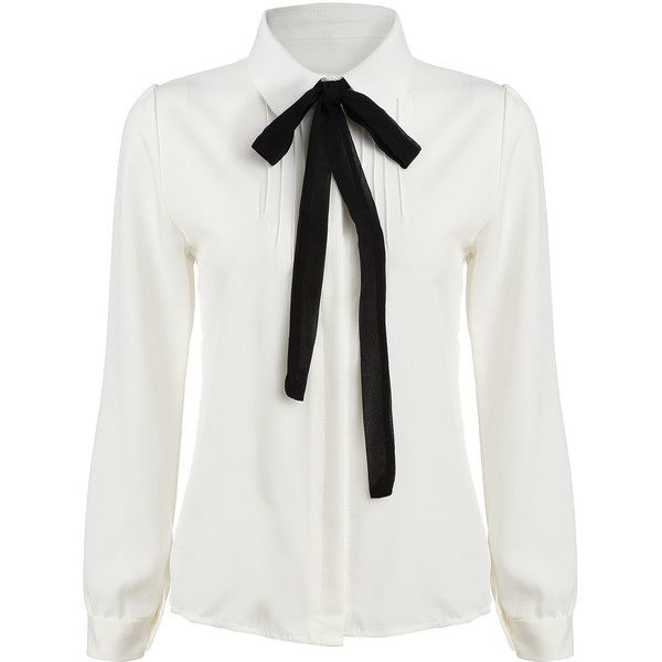 SheIn(sheinside) White Tie-neck Long Sleeve Slim Blouse (480 UYU) ❤ liked on P…