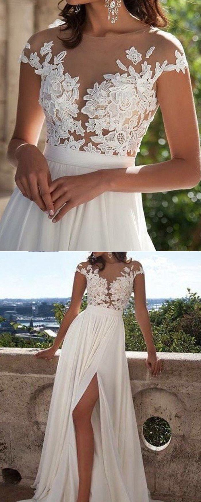 Sheer Lace Appliqued Ivory Chiffon Long Prom Dress with Side Slit PM1223