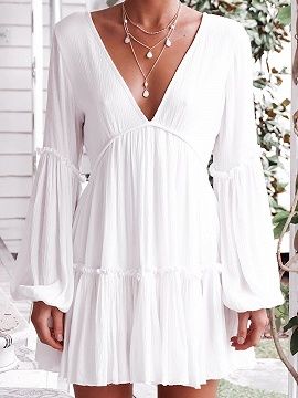 Shop for the White Cotton V-neck Open Back Flare Sleeve Chic Women Mini Dress on…