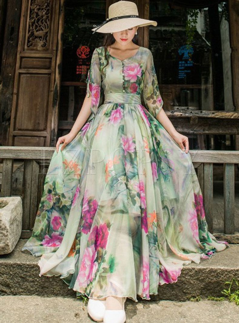 Short Sleeve Floral Print Chiffon Maxi Dress