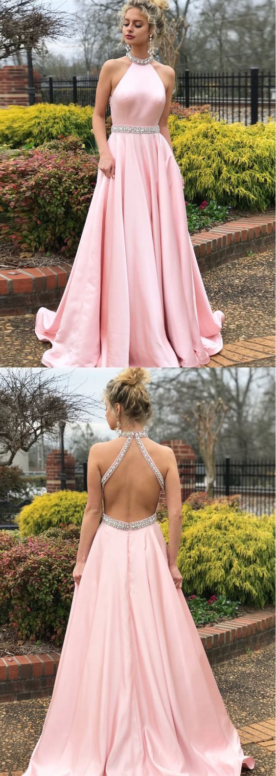 Simple A-line Prom Dresses Pink High Neck Cheap Beading Prom Dress/Evening Dress 2019