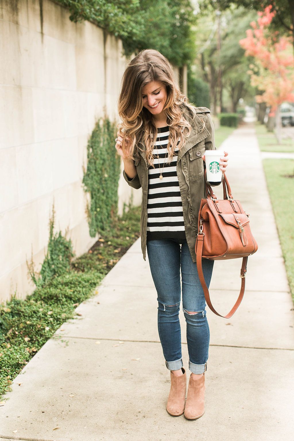 Simple & Cute Fall Outfit Idea – Stripes + Cognac + Green Military Jacket